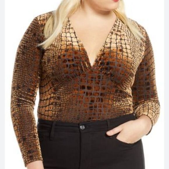 Leith -1714 NWT Reptile‎ Velvet Burnout V-Neck Blouse Top Brown Black size 3X - Picture 1 of 9